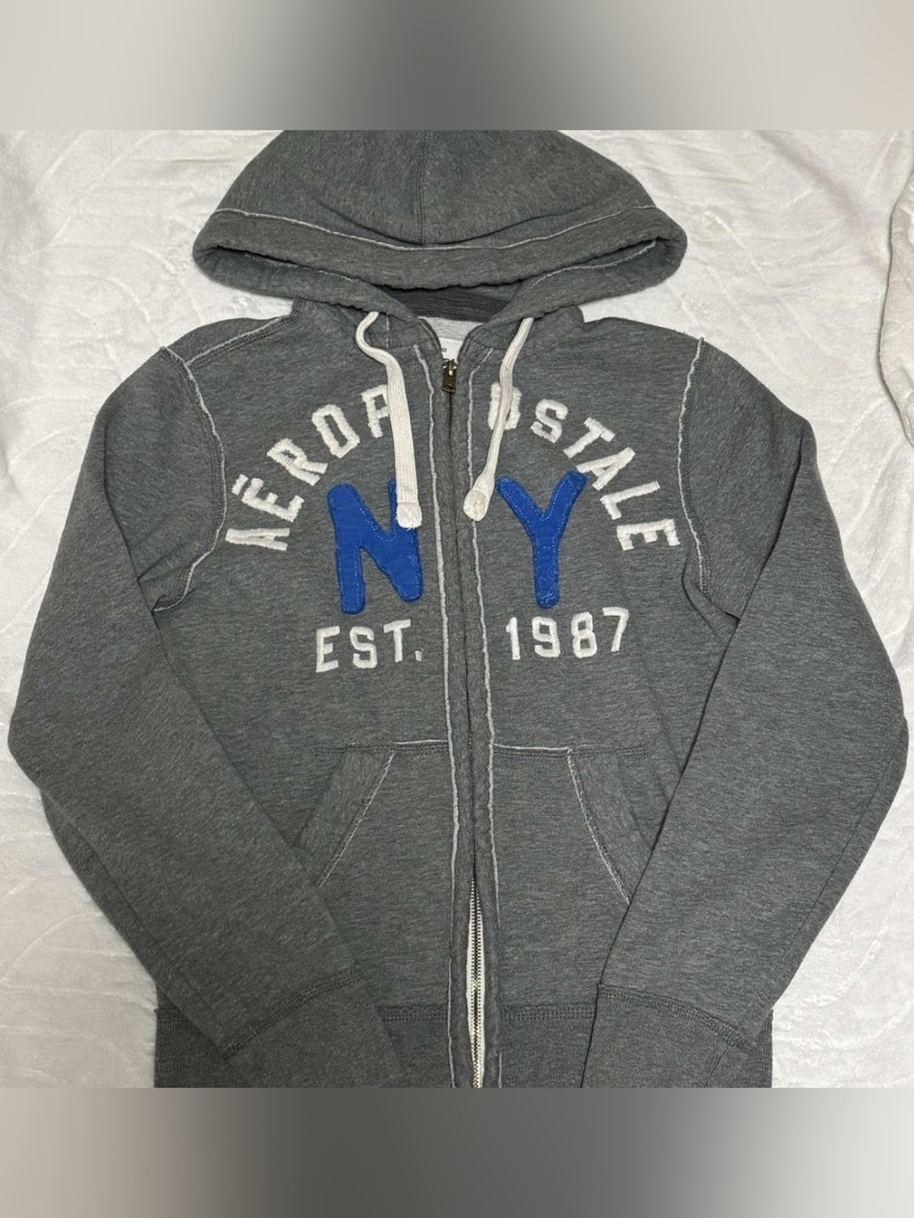 Aeropostale Gray Zip-Up Hoodie with Blue NY Appliqué